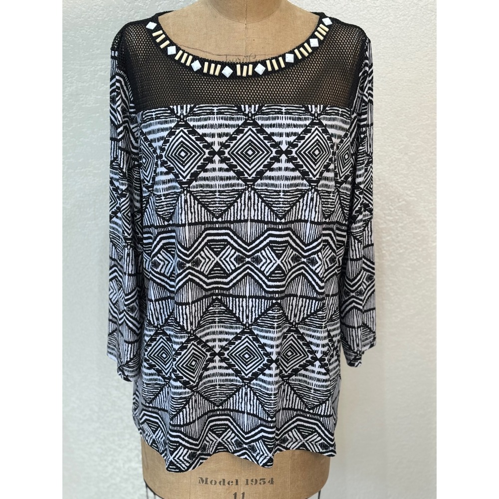 Ruby Rd Woman 1X Black White Geometric Mesh Round Neck 3/4 Sleeve Top‎ Blouse